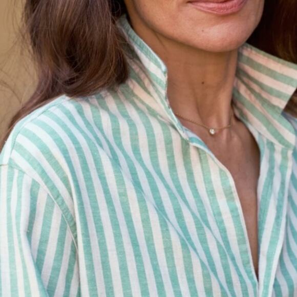 Frank & Eileen Mary Classic Shirtdress Recycled Cotton Green Sand Stripe Large - Picture 4 of 10